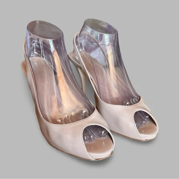 Vintage Patent Leather Peachy Tan Beige Peep Toe Slingback Pinup Pumps Size 9 - Picture 2 of 13